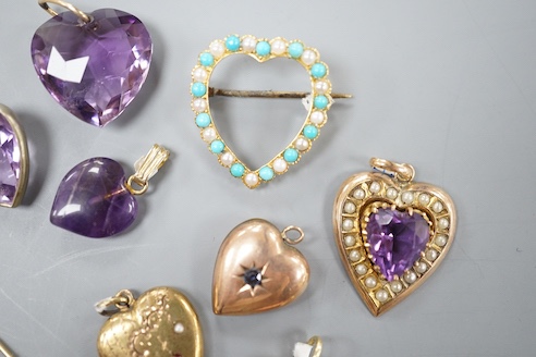 Nine assorted gem set heart shaoed pendants including amethyst and seed pearl, 21mm and turquoise and seed pearl and a pair of yellow metal and coral bead set drop earrings.